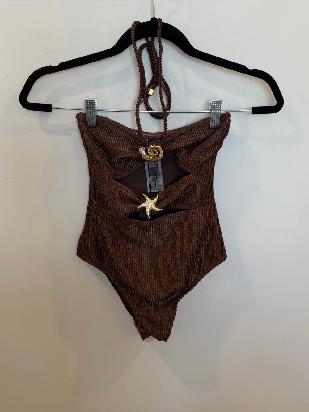 South Beach Shiny Crinkle Cut Out Halter Swimsuit, Brown, 2